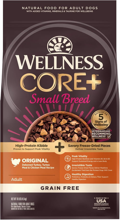 Wellness CORE+ Natural Grain Free Small Breed Dry Dog Food, Original Turkey & Chicken with Freeze Dried Turkey, 10-Pound