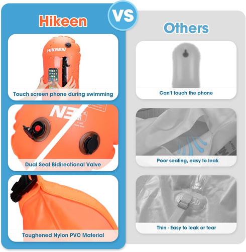 Hikeen Swim Buoy with Dry Bag 20L - Waterproof Touchscreen Swim Safety Float for Open Water Swimmers and Triathletes