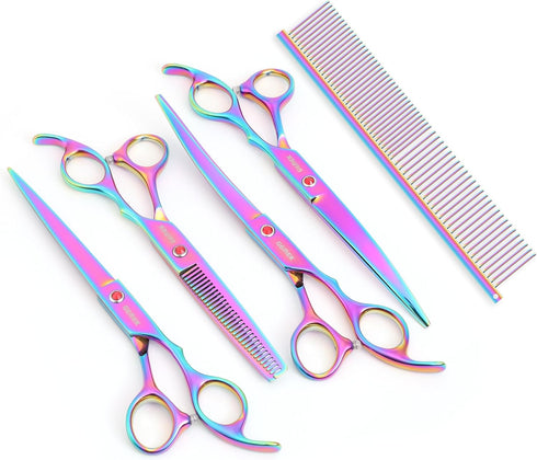 7.0in Set, 6 1 Titanium Professional Pet Grooming Scissors GEMEK in Straight & Thinning & Upwards Curved & Downwards