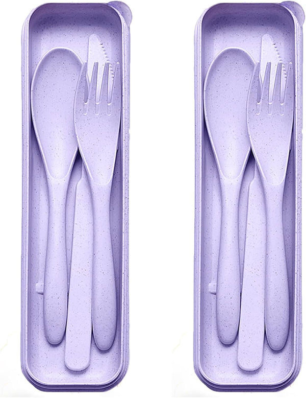 Reusable Utensils Set with Case, 2 Sets Portable Wheat Straw Cutlery for Office, Dorm, Travel (Purple)