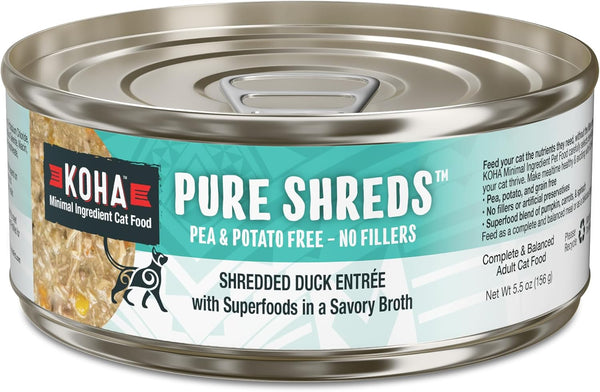 KOHA Pure Shreds Duck Entrée for Cats, Single Meat High Protein Wet Cat Food, 5.5oz Cans (Pack of 12)