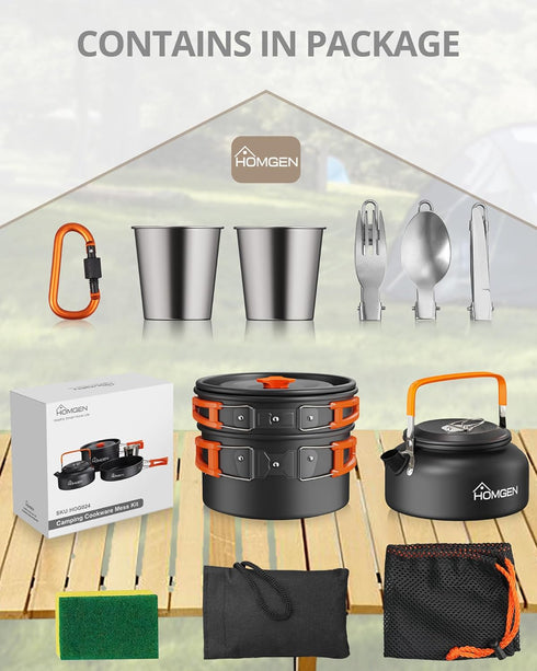 HOMGEN Camping Cooking Set - Lightweight Aluminium Pots and Pans Kit for 2-3 People, Perfect for Camping, Picnic, Hiking