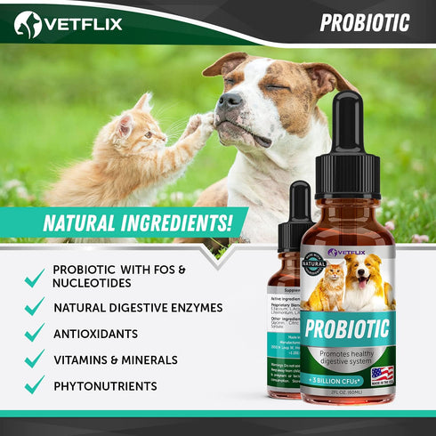 Premium Probiotics for Dogs, Cats - Digestive Enzymes & Prebiotics Supplement, 2 Fl Oz for Digestive Health
