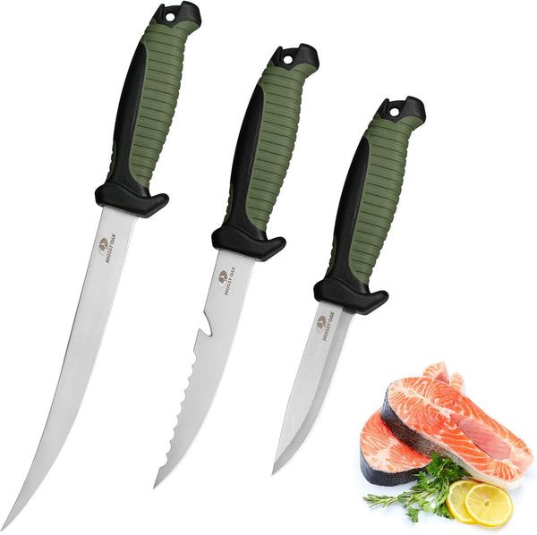 Mossy Oak 3-Piece Fishing Fillet Knife Set, Stainless Steel Filet Knives with Protective Sheath