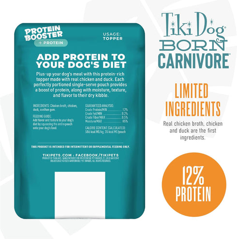 Tiki Dog Born Carnivore Protein Booster Dog Food Topper, Chicken and Duck Recipe, 2.1 oz. Pouch (12 Count)