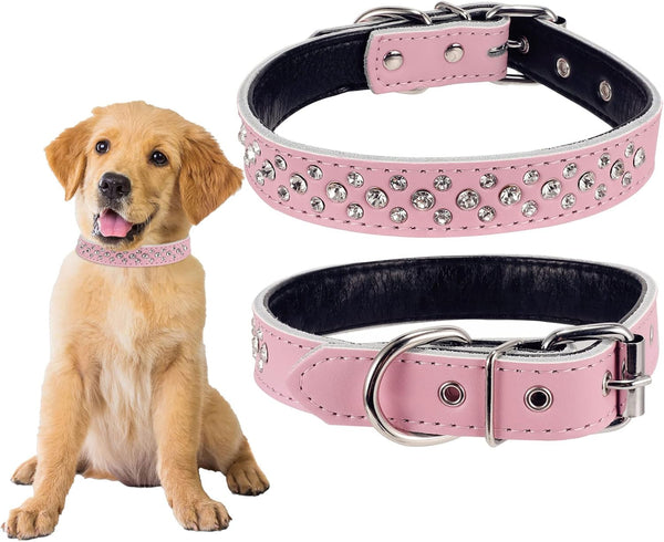 Adjustable Rhinestones Pet Dog Collars - Sparkly Crystal Studded Genuine Leather for Small and Medium Dogs - 1" Wide