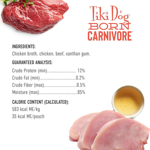 2.1 oz. (12 Count) (Pack 2) Tiki Dog Born Carnivore Protein Booster Dog Food Topper, Chicken and Beef Recipe in Broth
