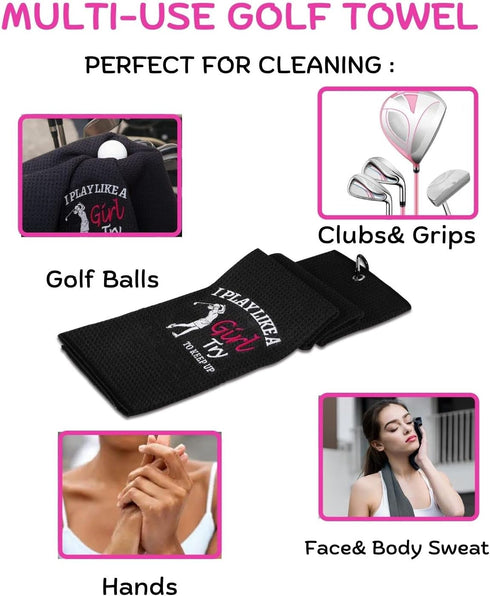 Funny Golf Towel, I Play Like A Girl Try to Keep Up - Embroidered Golf Gifts for Women with Clip
