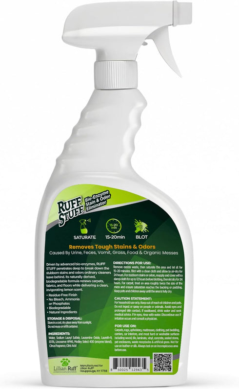 32oz RUFF STUFF Max Strength BioEnzyme Stain Remover Spray & Pet Odor Eliminator: Fabric-Safe Dog & Cat Urine Destroyer