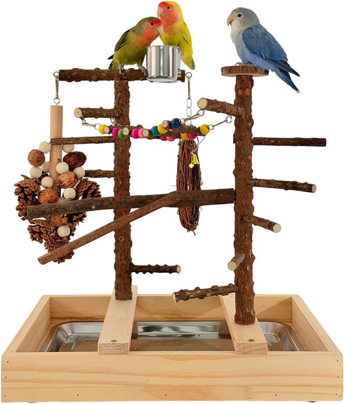 vibriskape Bird Playground, Natural Wood Bird Play Stand with Stand Perch, Swing, Toy, Two Food Cups, and Removable