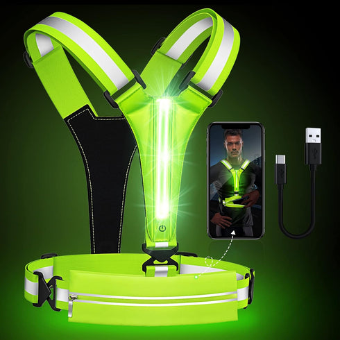 LED Reflective Running Vest, USB Rechargeable Light Up Gear with Chest Phone Holder for Night Walking, Adjustable for