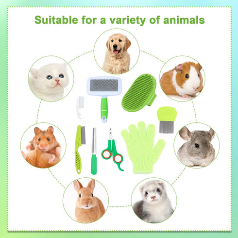 8 VCZONE Pcs Small Animal Grooming Kit, Pink with Pet Nail Clipper and File, Flea Comb, Pet Shampoo Bath Brush, Pet