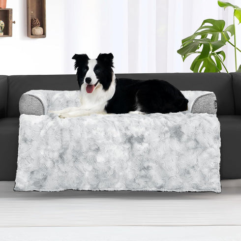 Dog Couch Bed for Large Dogs, Tie-dye Grey Memory Foam, Faux Fur Waterproof Bed for Couch Furniture Protector, 41x37
