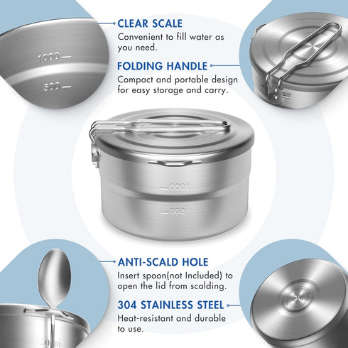 Lixada Camping Pot Stainless Steel 1.5L Camping Cook Pot with Lid and Folding Handle, Large Capacity Bento Pot for