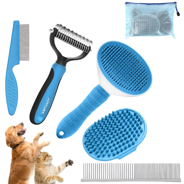 5 in 1 Dog Grooming Kit - Self-Cleaning Slicker Brush for Shedding Dogs & Cats, Includes Pet Comb, Bath Brush, Rake
