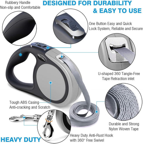 Heavy Duty Retractable Dog Leash 16ft, Strong Durable Walking Leash for Medium-Large Dogs up to 45/115 lbs, Grey
