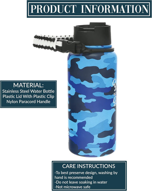 Pavilion Badass 32 oz. Stainless Steel Water Bottle, Reusable Leak Proof BPA-Free Flask, Camouflage Bottle, Blue