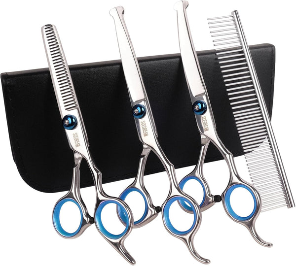 Professional Dog Grooming Scissors Kit, 5 in 1 with Safety Round Tips, 4CR Stainless Steel Pet Grooming Shears, Blue