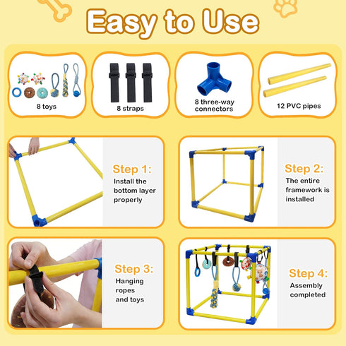 Bhyhok 8 Puppy Play Gym with Hanging Toys, Indoor Activity Gym for Small Dog with Enrichment Interactive Toy Adjustable
