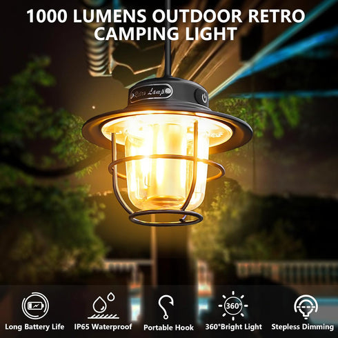 Rechargeable Camping Lantern, Portable Retro Light with 4 Waterproof Modes (1300-6500K) for Camping, Hiking, Emergency,