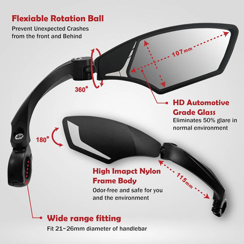 Hafny NEW Handlebar Bike Mirror, HD, Blast-resistant E-bike Mirror with Glass Lens, HF-MR095 (Silver Right)