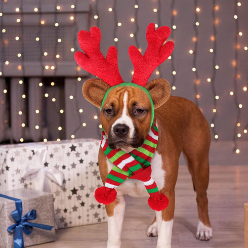 BWOGUE Dog Christmas Reindeer Elk Antlers Headband - Red-White-Green Striped Scarf Set for Dogs and Cats