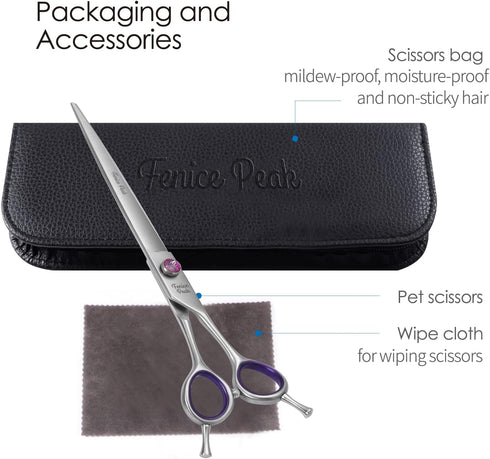 Fenice Peak 7'' Straight Dog Grooming Scissors - Purple Finger Rings, 440C Stainless Steel Pet Trimming Shears