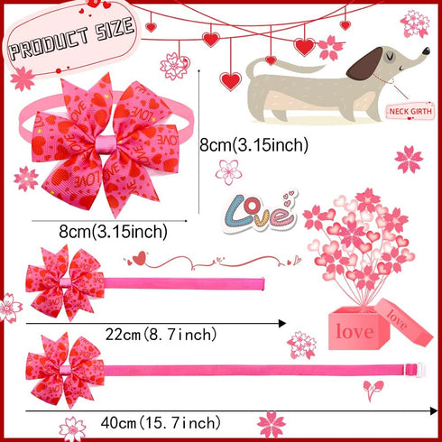24pcs Valentine's Day Dog Collar Bow Ties Set, Adjustable Holiday Grooming Bow Ties for Small Dogs