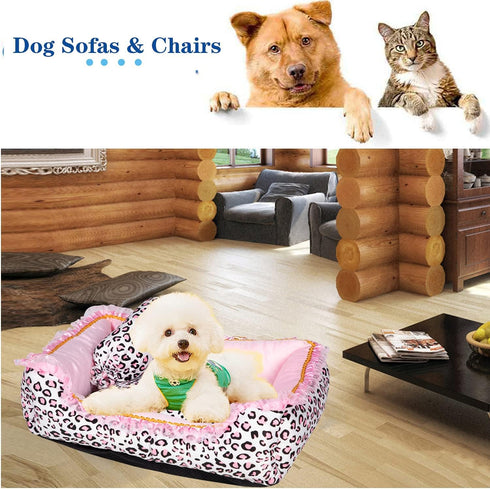 Gigreinc Cute Pink Puppy Sleeping Mat Bed with Leopard Pattern, Round Square Shape Cat Dog Sofa Bed, Pet House Nest