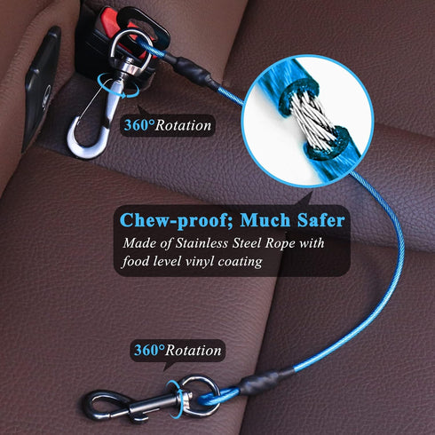 VIVAGLORY Dog Seat Belt, Chew Proof Multi-Functional Waterproof Dogs Safety Belt, Heavy Duty Steel Rope Pet Car Seatbelt Rrestraint Harness for Small Medium Dogs, 22", Blue