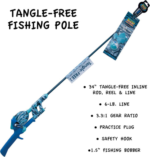 Kid Casters Blue Camo No Tangle Fishing Combo with Bobber, Practice Casting Plug
