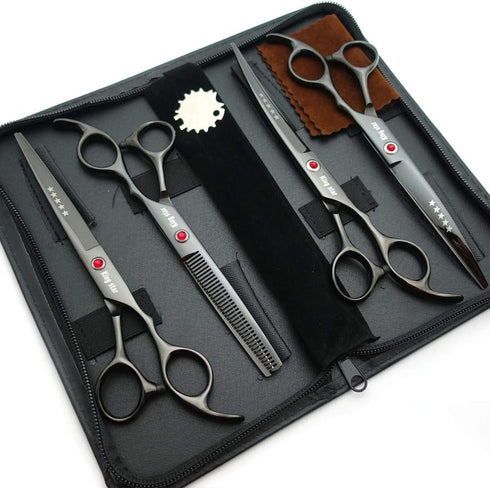 7.0in Titanium Black Professional Pet Grooming Scissors Set, 4pcs Straight & Thinning & Curved for Dog Grooming