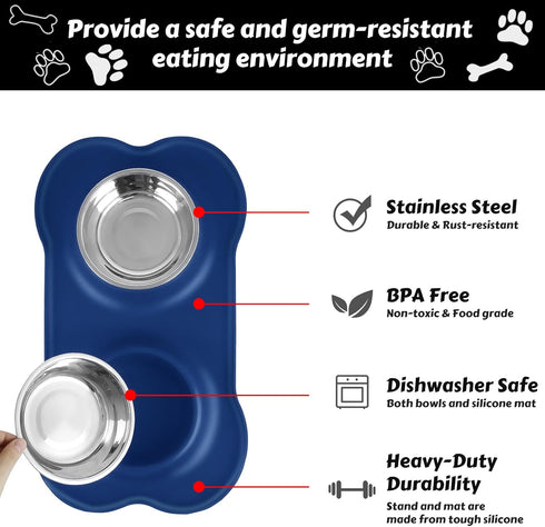 AsFrost Dog Food Bowls, Stainless Steel Set with Non-Slip Silicone Mat, Dog Dishes for Small Medium Dogs, Blue