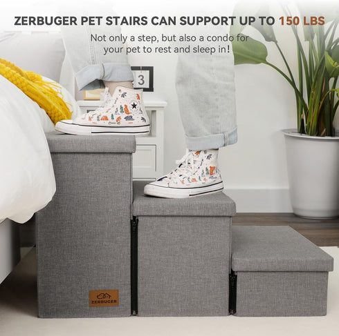 Dog Stairs for High Beds 17.1" H, Folding Steps for Small Medium or Large Dogs with Storage, Cat Ramp for Car, 200 lbs