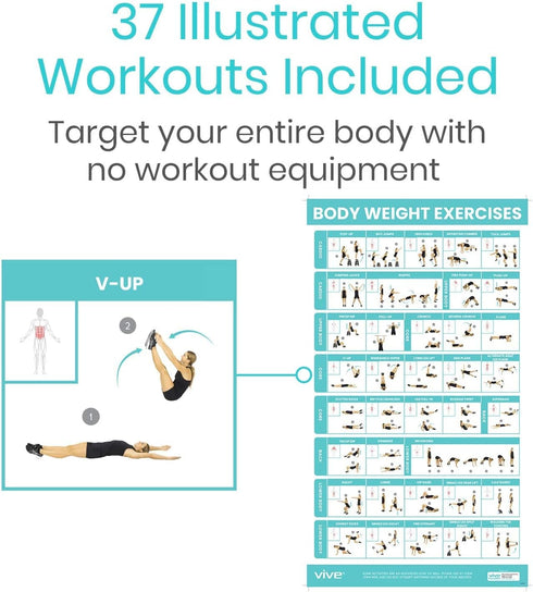 Vive Bodyweight Exercise Poster - Workout Poster for Home Gym Decor - Body Weight Laminated Poster - Workout Room Accessories - Hitt Chart For Abs, Glute, Core, Legs, Arms, Back - No Equipment Needed