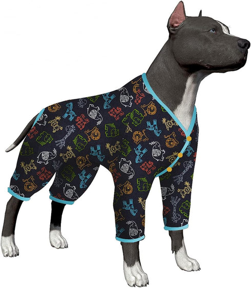 LovinPet Full Body Suit for Large Dogs - Lightweight Stretchy Fabric, Jungle Friends Grey Print, Medium