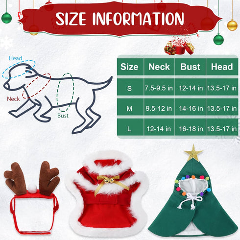 3 Pieces Christmas Pet Costumes Set, Includes Puppy Cat Cloak with Star, Pompoms, Antlers Headband, Santa Cape
