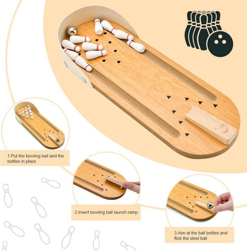 Tabletop Mini Bowling Game Set, Funny Gifts for Adults, Wooden Mini Bowling Set for Home Office Desk Toys