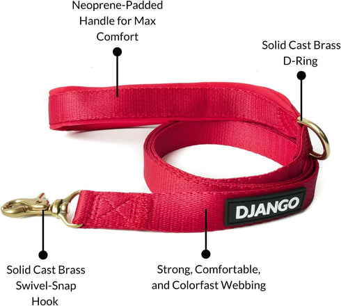 DJANGO Adventure Dog Leash, Strong and Comfortable with Padded Handle, Crimson Red