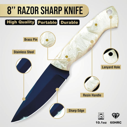 Handmade 8" Stainless Steel Hunting Knife with Sheath, Sharp Skinning Knife, Full Tang Survival Knife for Camping