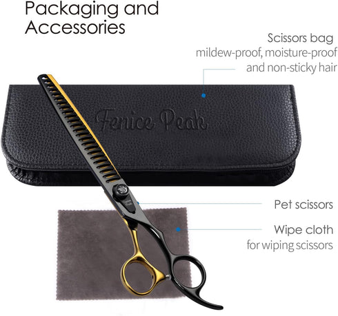 Fenice Peak 7'' Black Dog Grooming Scissors - Golden Chunker Blending Shears with Ergonomic Offset Handle