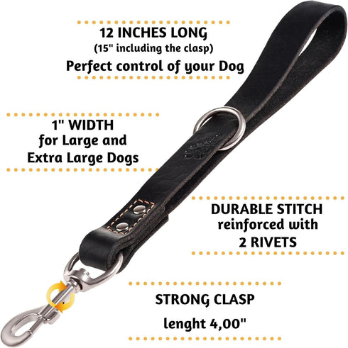 ADITYNA Short Leather Traffic Dog Leash - 12" length x 1" wide for Medium, Large, Extra-Large Breeds