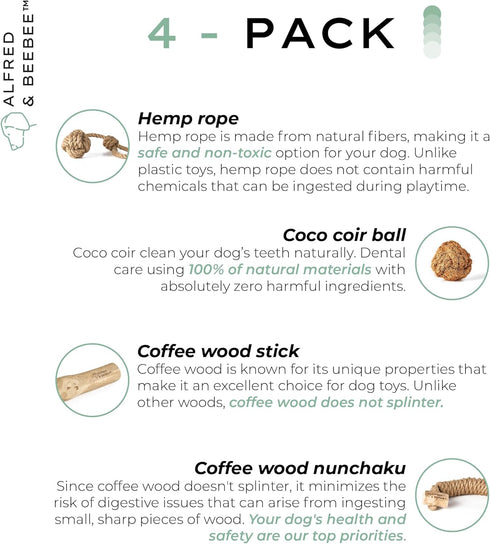 Eco-Friendly Coffee Wood Dog Chew Toy Pack - 4 Sustainable Dental Chew Toys