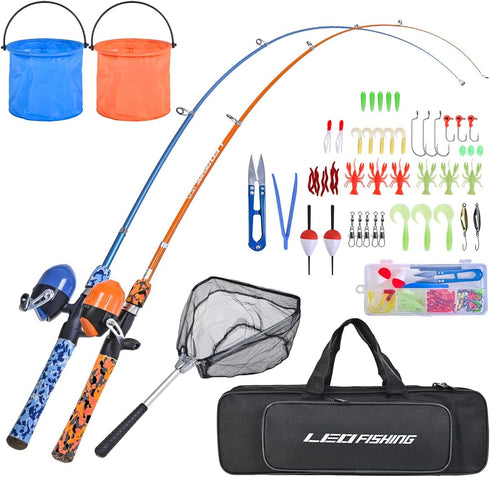 LEOFISHING Kids Fishing Pole Set, Portable Telescopic Rod and Spincast Reel with Fishing Net and Bucket