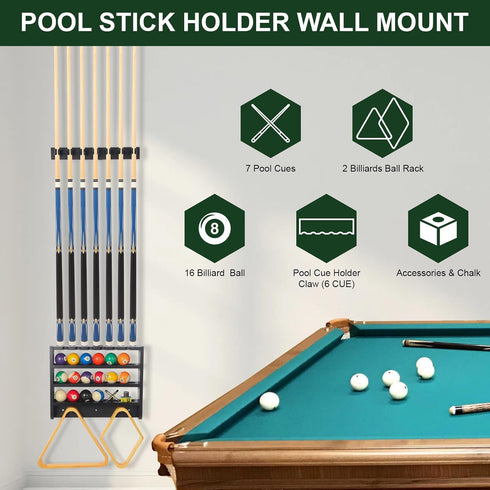 Pool Stick Holder - 7 Pool Cue Rack Wall Mount with Cue Rest and Ball Holder, Wooden Accessories for Game Room