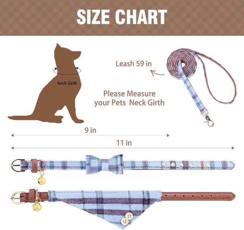 KOOLTAIL Dog Collar and Leash Set, Adjustable Soft Leather Puppy Collar with Bow Tie & Bell for Small Medium Dogs, Blue