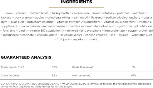 GO! SOLUTIONS Carnivore Protein Rich Wet Dog Food - Grain Free Shredded Lamb and Wild Boar - Complete & Balanced Nutrition for All Life Stages, 12.5 oz