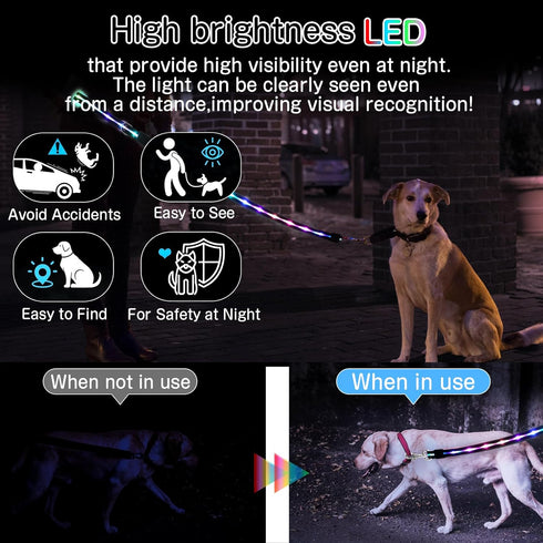 LED Dog Leash with 12 Lighting Modes, 4 Ft Rechargeable Lighted Leash for Night Walking Safety for All Dogs