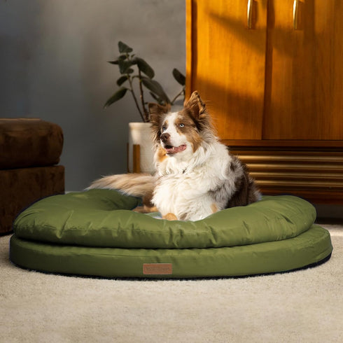 ClevaHome Orthopedic Dog Bed for Large Dogs - Dual Layer Water Repellent Round Pet Bed with Washable Cover, Olive Branch