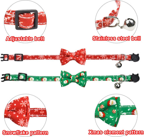 Malier 2 Pack Christmas Cat Collars Breakaway with Bow Tie and Bell, Classic Buffalo Plaid Kitten Collar for Cats